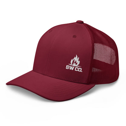 Cranberry red retro trucker hat with mesh back and white SW CO. flame logo embroidery