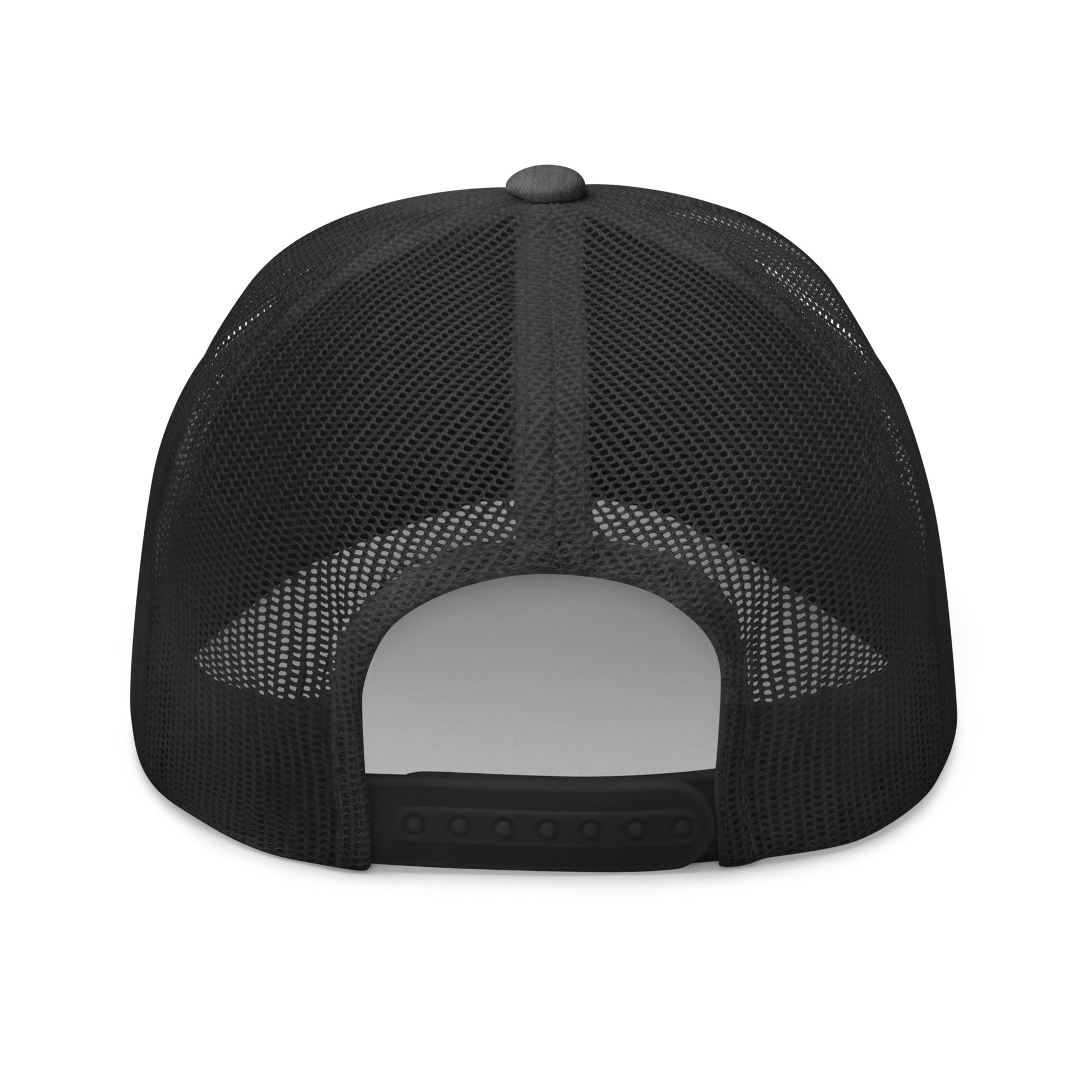 Back view of black mesh trucker hat with adjustable snapback closure on white background