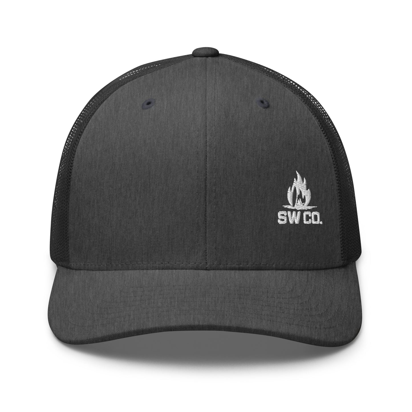 Dark heather gray retro trucker hat with mesh back and white SW CO. flame logo embroidery