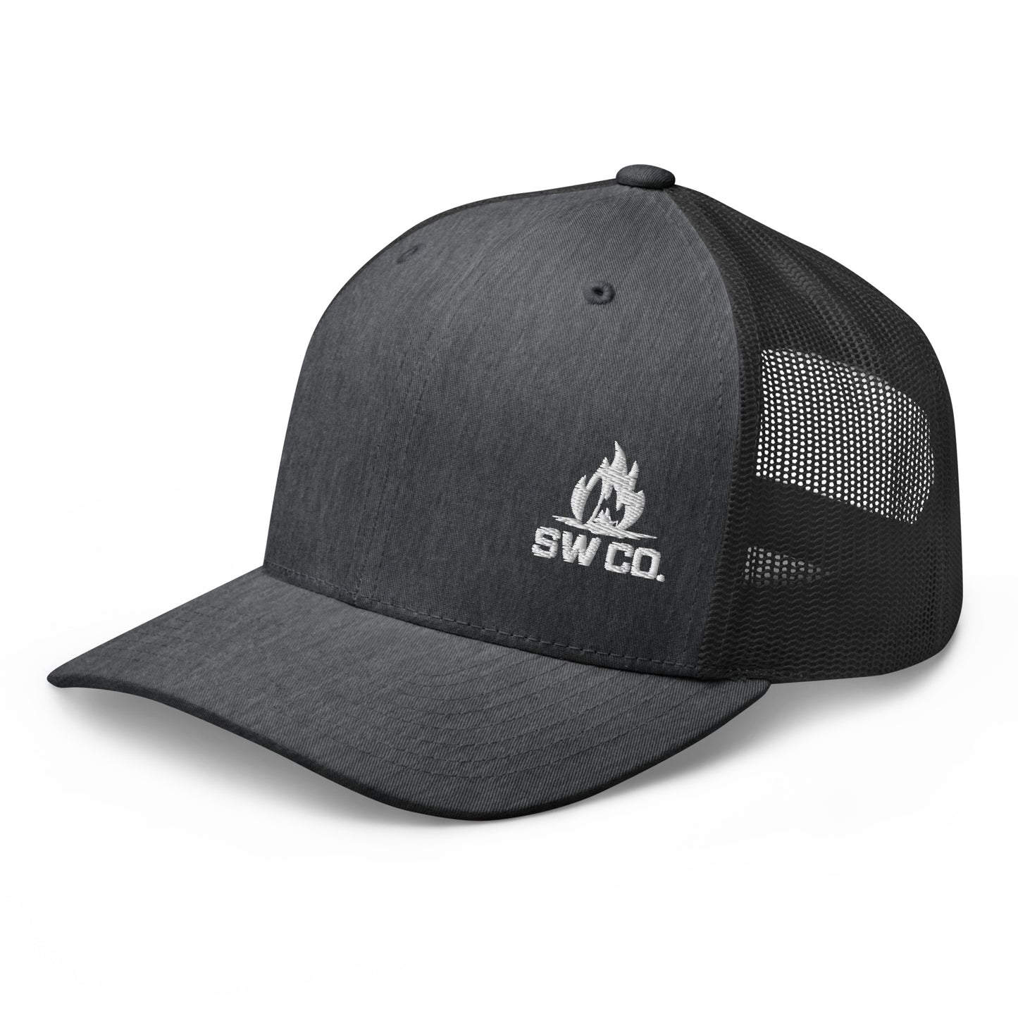 Dark heather gray retro trucker hat with black mesh back and white SW CO. flame logo embroidery
