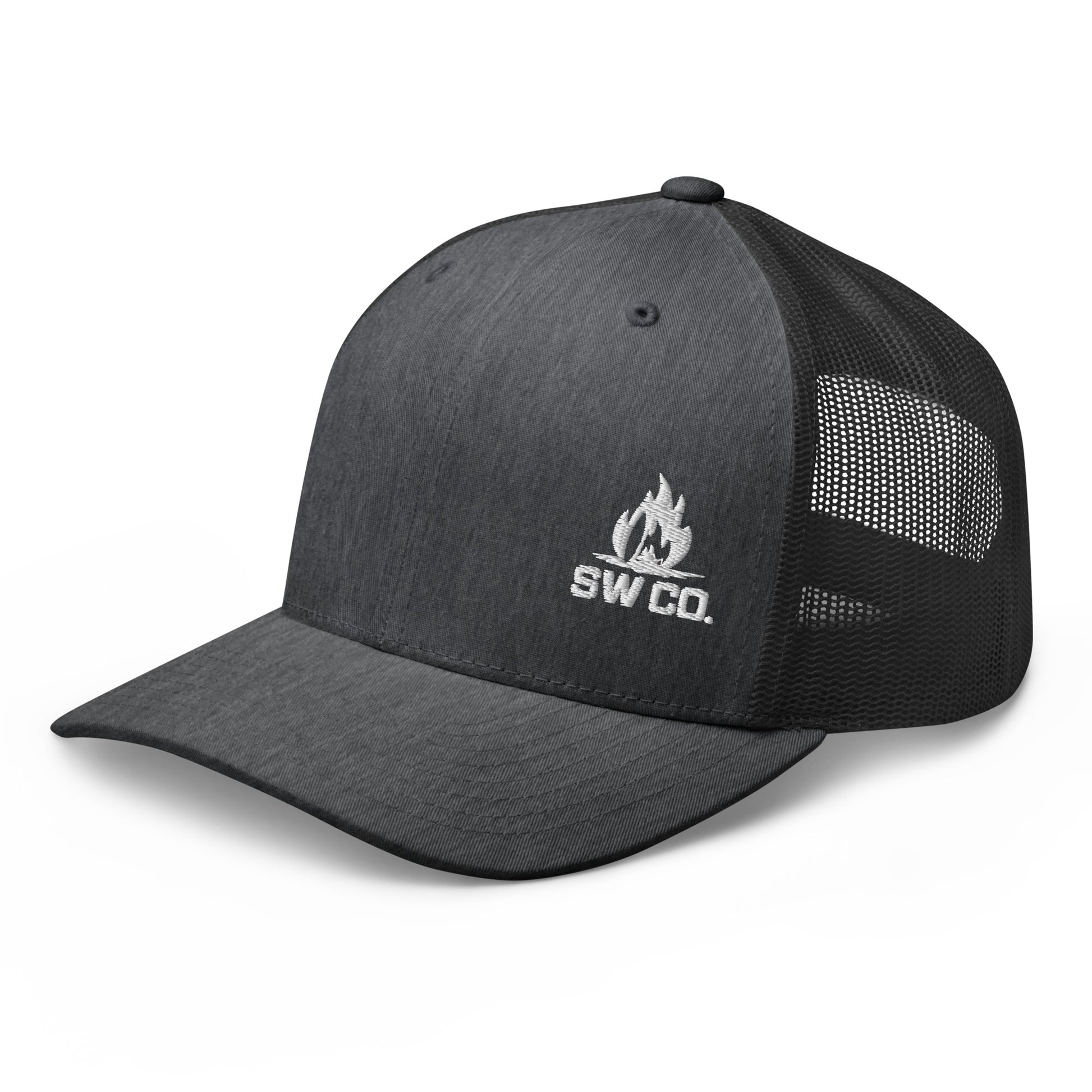 Dark heather gray retro trucker hat with black mesh back and white SW CO. flame logo embroidery