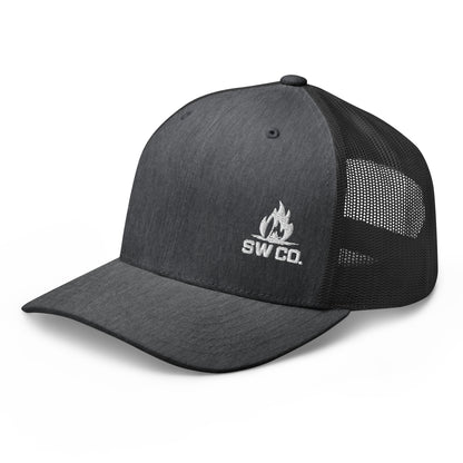 Dark heather gray retro trucker hat with black mesh back and white SW CO. flame logo embroidery