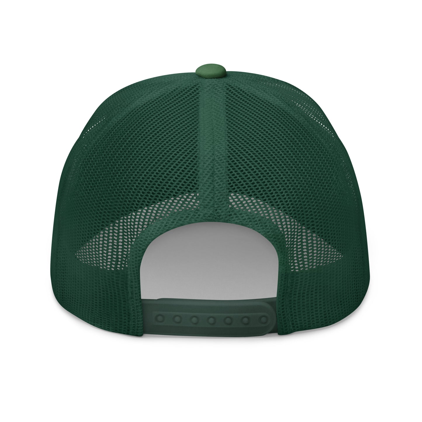 Back view of evergreen green retro trucker hat with mesh panels and adjustable snapback closure
