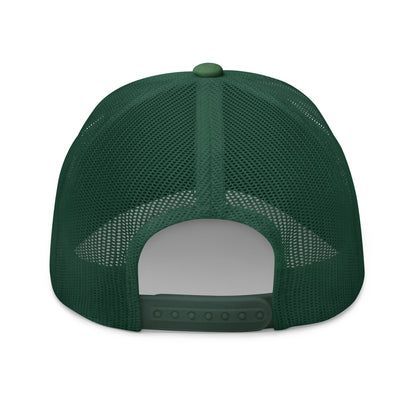 Back view of evergreen green retro trucker hat with mesh panels and adjustable snapback closure