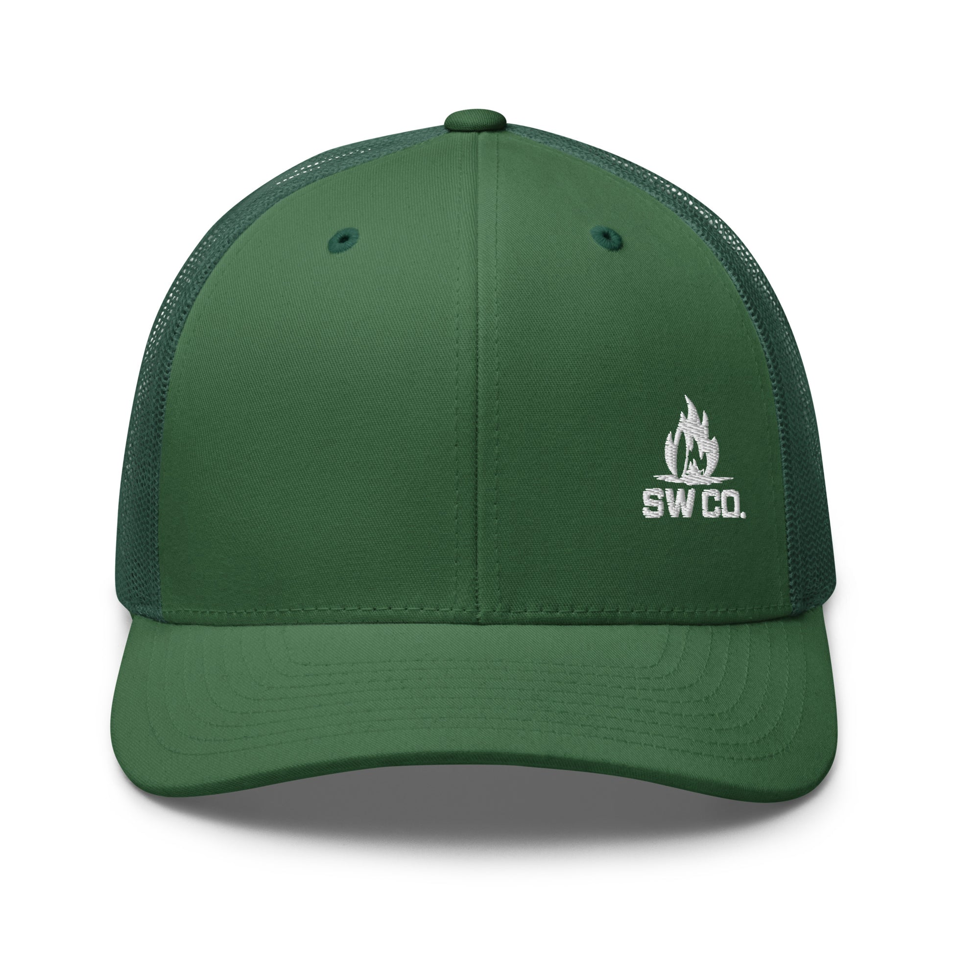 Evergreen retro trucker hat with mesh back and white SW Co. flame logo embroidery