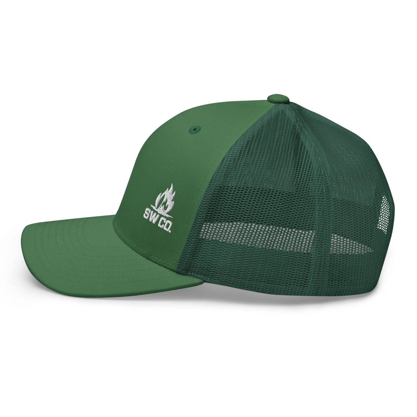Green retro trucker hat with mesh back and white SW CO flame logo on front