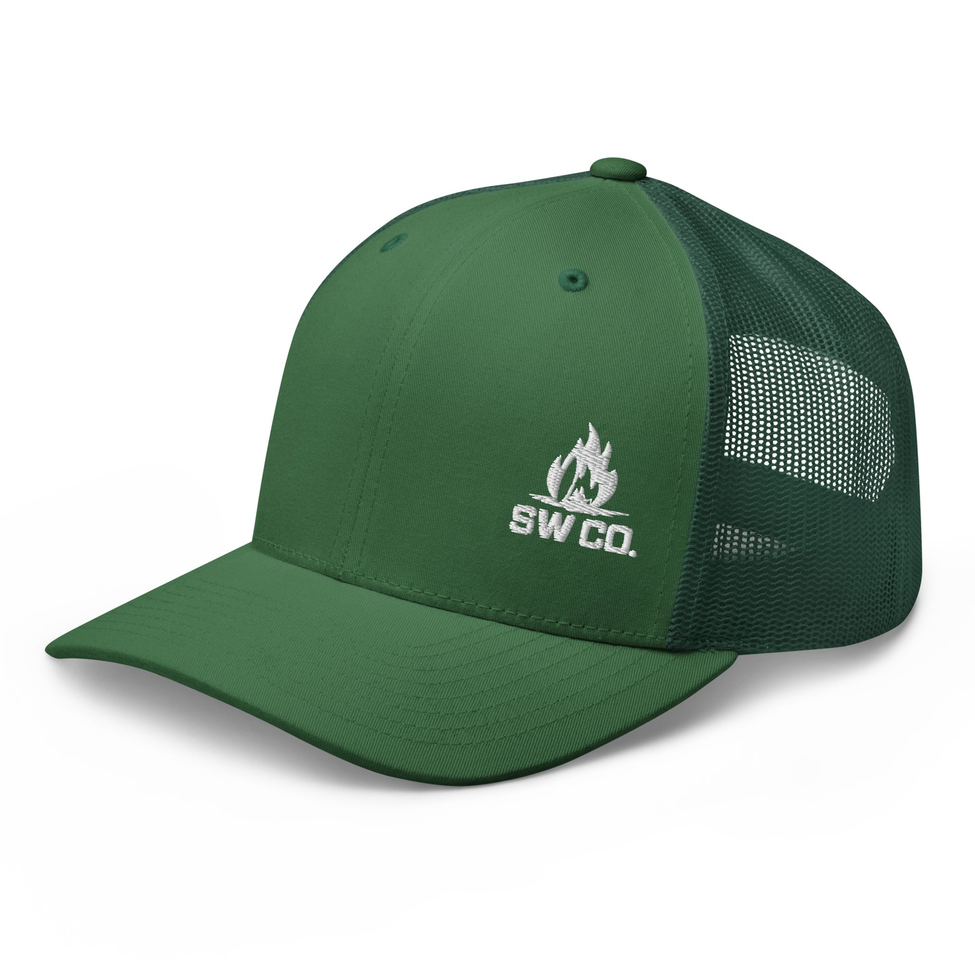 Evergreen green retro trucker hat with mesh back and white SW CO. flame logo embroidered