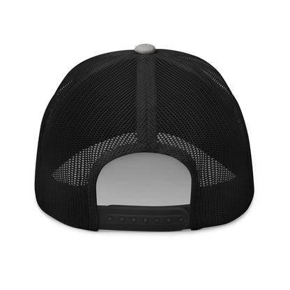 Back view of black mesh retro trucker hat with adjustable snap closure