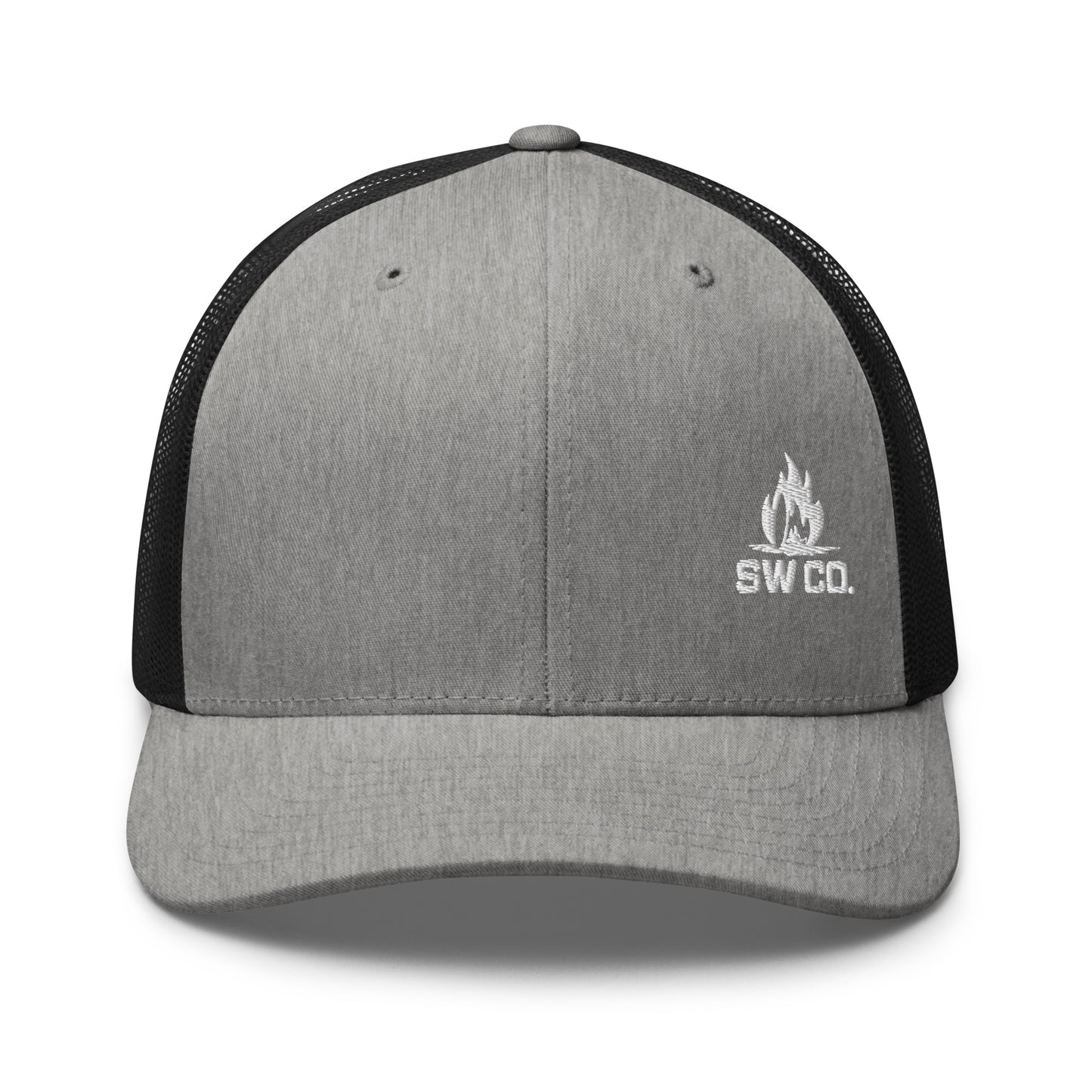 Heather black retro trucker hat with black mesh back and white SW CO flame logo
