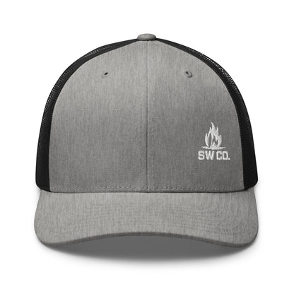 Heather black retro trucker hat with black mesh back and white SW CO flame logo