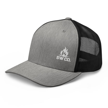 Heather black retro trucker hat with black mesh back and white SW CO flame logo