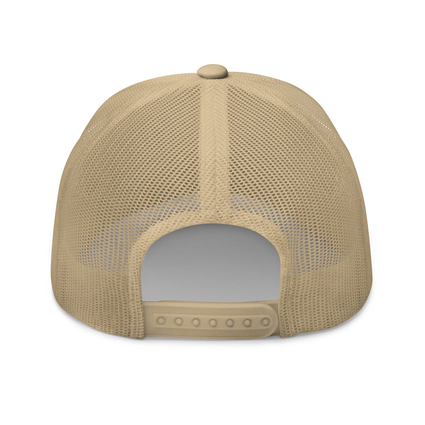 Back view of khaki retro trucker hat with mesh panels and snapback closure on white background