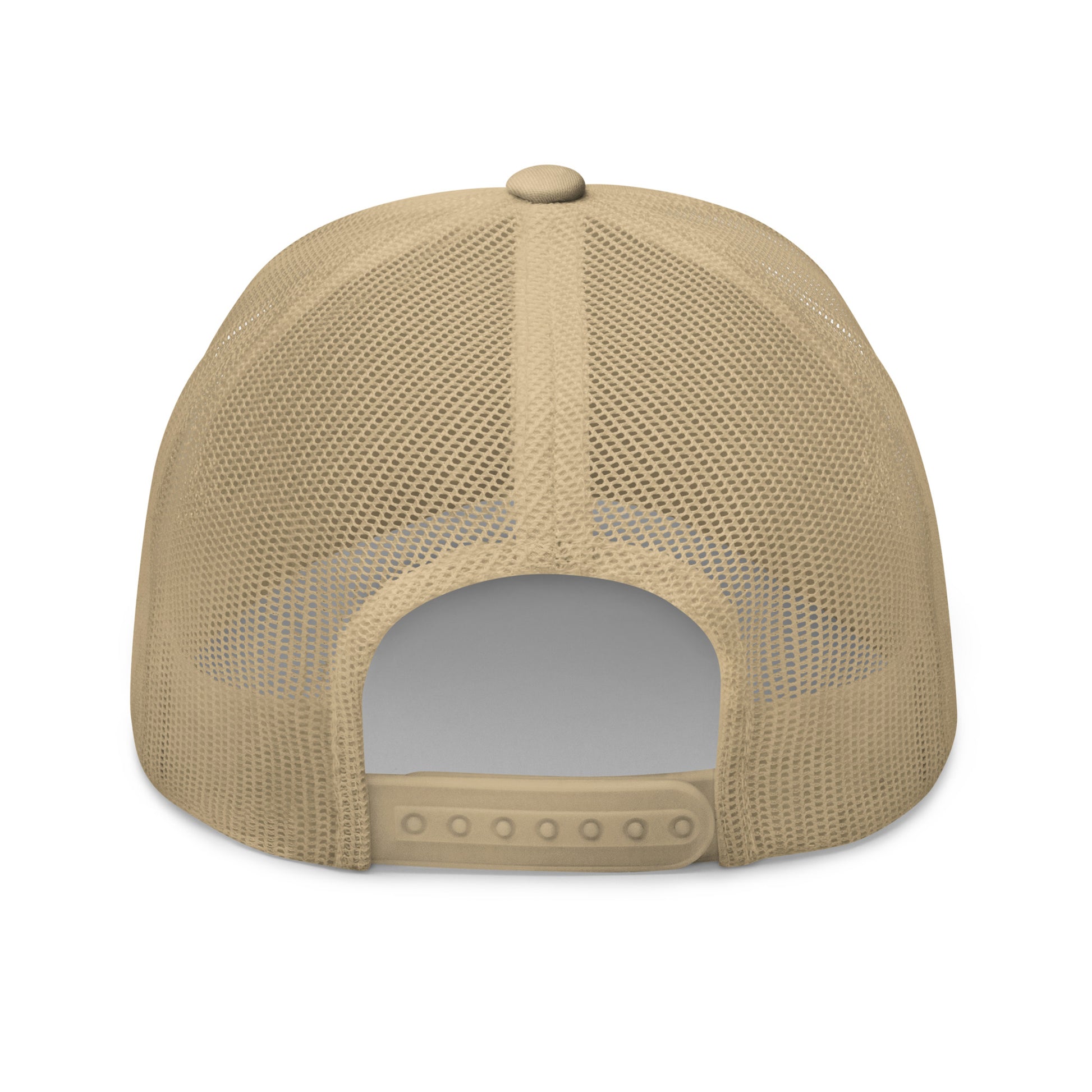 Back view of khaki retro trucker hat with mesh panels and snapback closure on white background