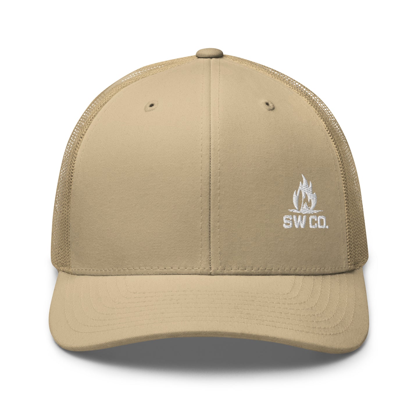 Khaki retro trucker hat with white embroidered campfire logo and SW CO. text on front