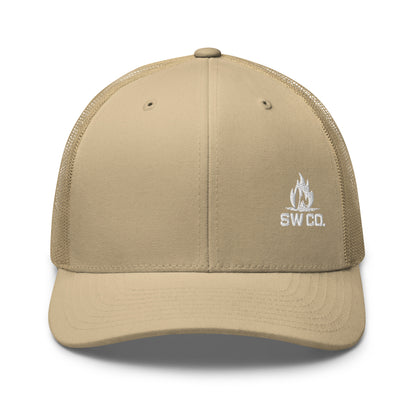 Khaki retro trucker hat with white embroidered campfire logo and SW CO. text on front