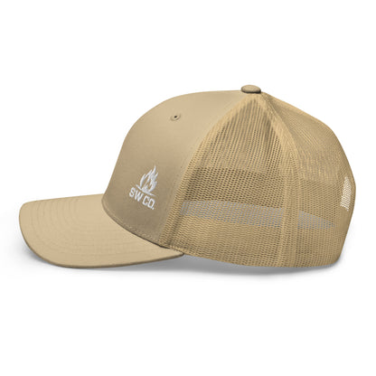 Khaki retro trucker hat with mesh back and white SWCO flame logo embroidery