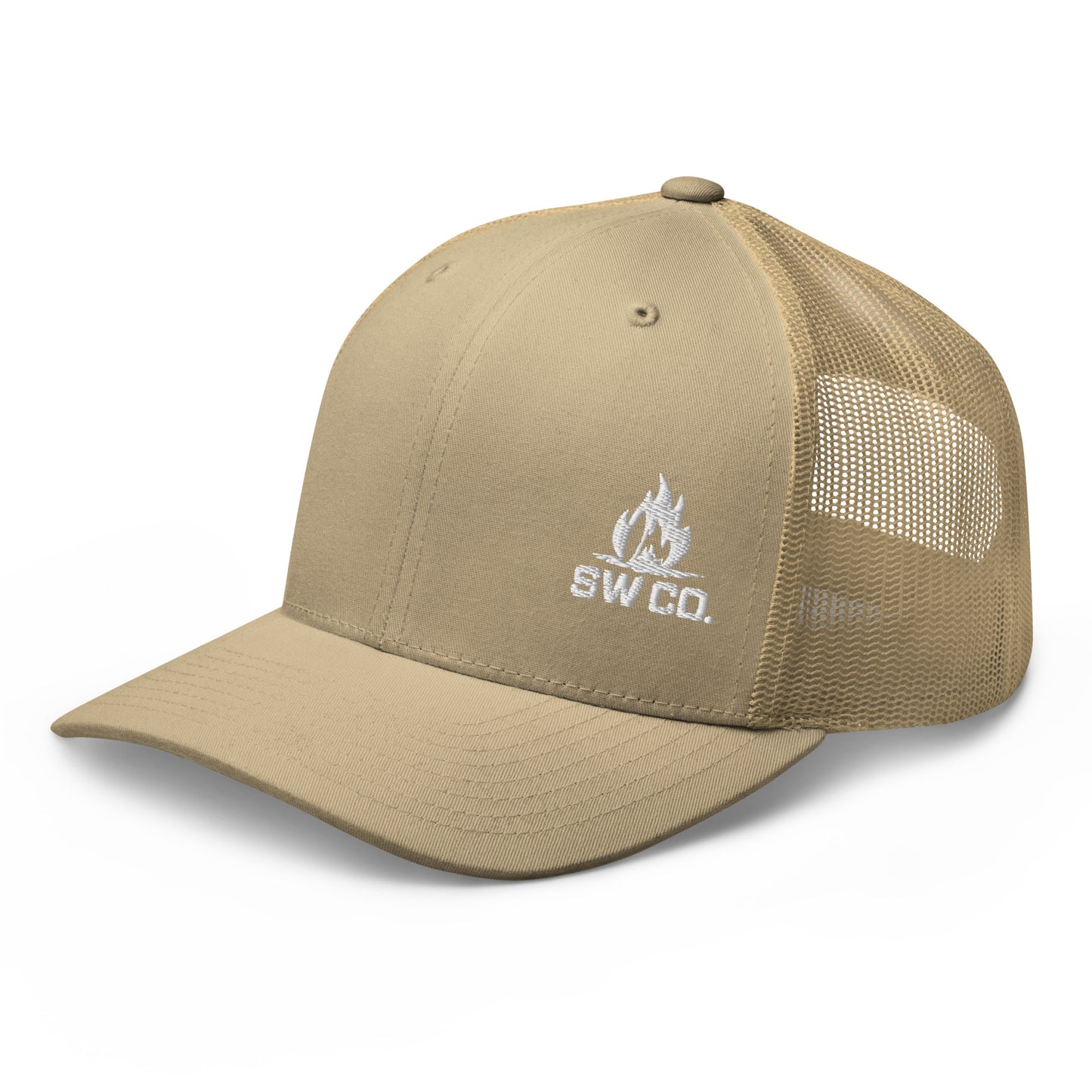 Khaki retro trucker hat with mesh back and white SW CO. flame logo embroidery
