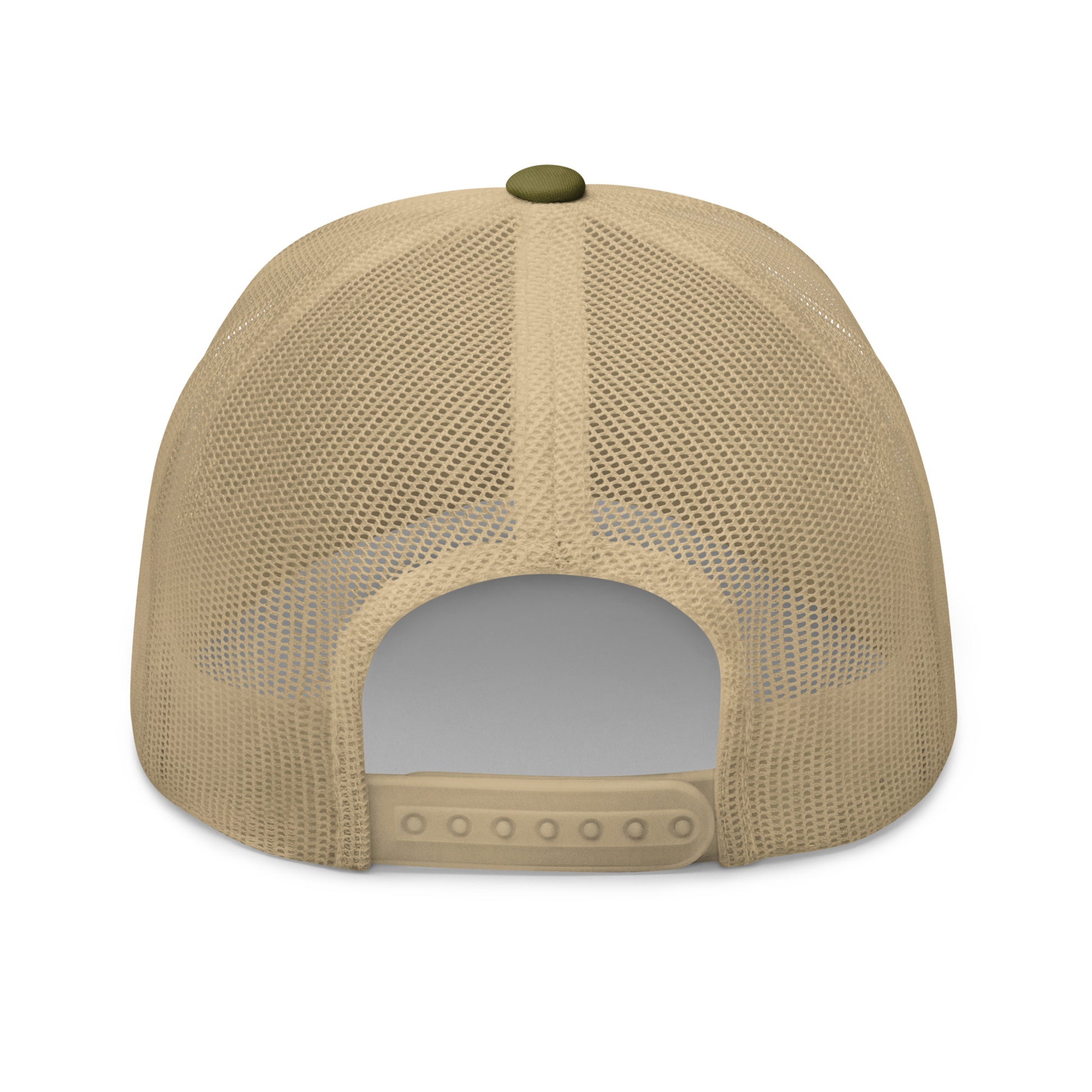Back view of a moss khaki retro trucker hat with mesh panels and adjustable snapback closure