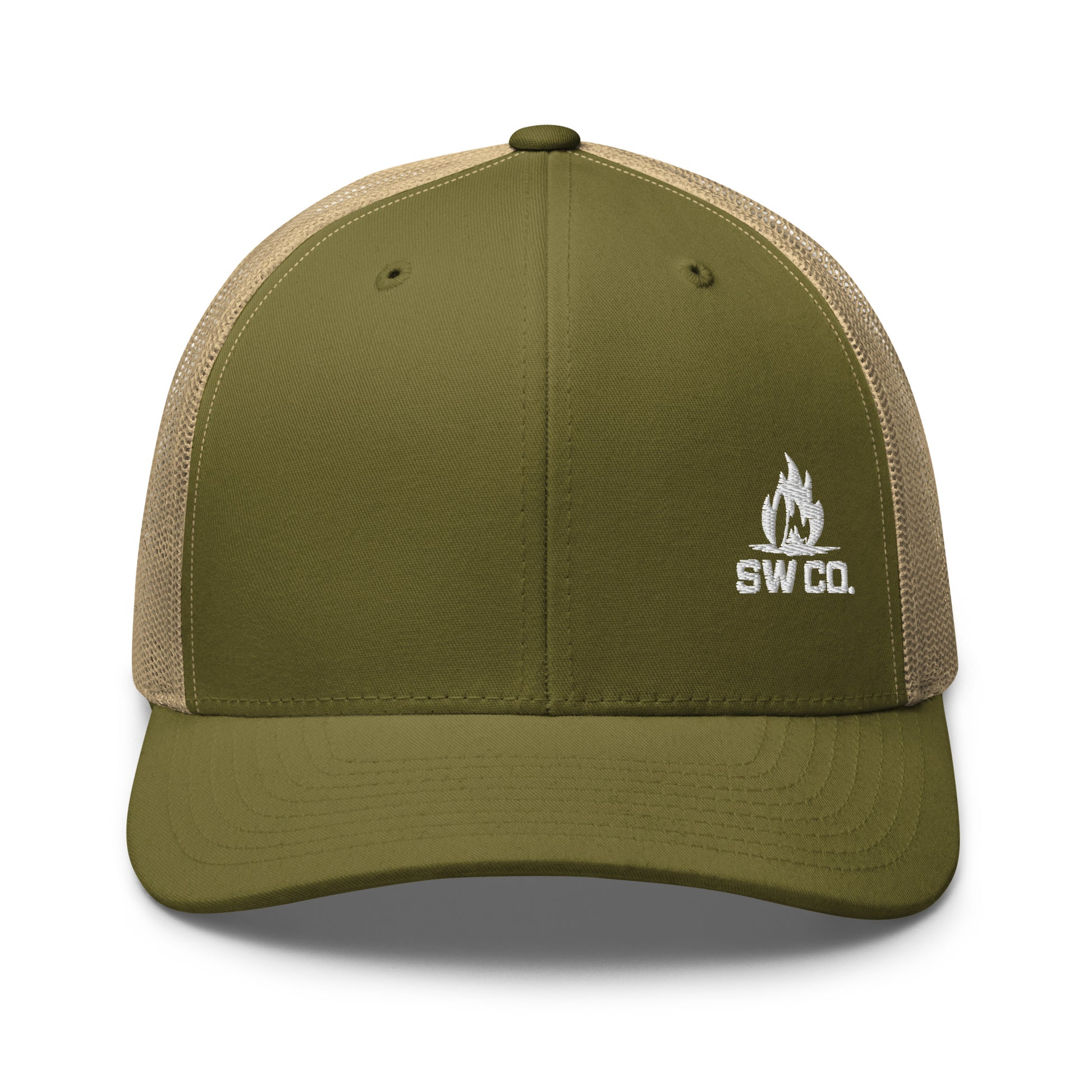 Retro trucker hat in moss khaki with beige mesh back and white SW Co. flame logo
