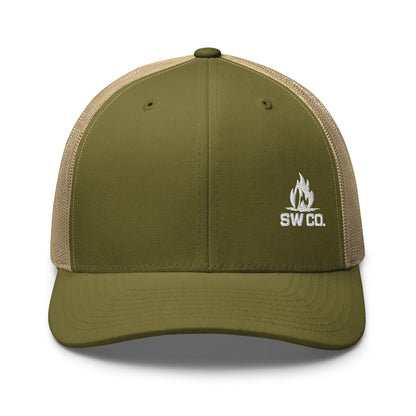 Retro trucker hat in moss khaki with beige mesh back and white SW Co. flame logo
