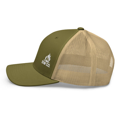 Retro trucker hat in moss khaki with beige mesh back and white SW Co. flame logo