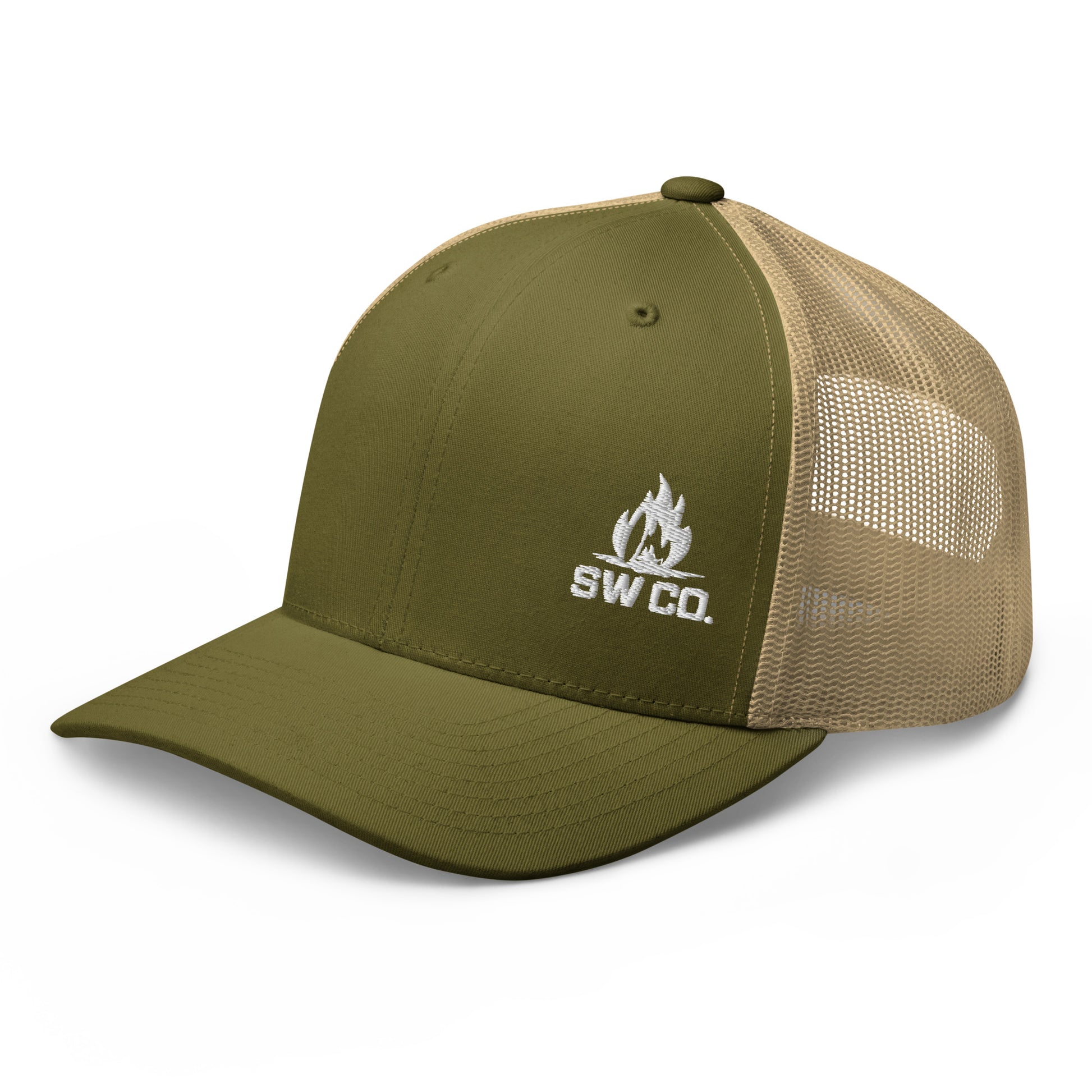 Retro trucker hat in moss green with beige mesh back and white SW CO flame logo embroidery
