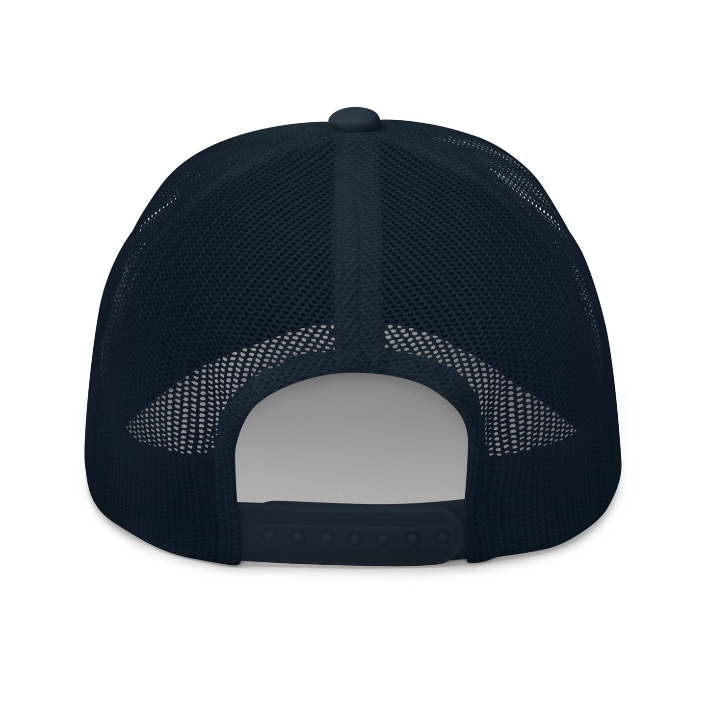Back view of navy blue mesh retro trucker hat with adjustable snap closure