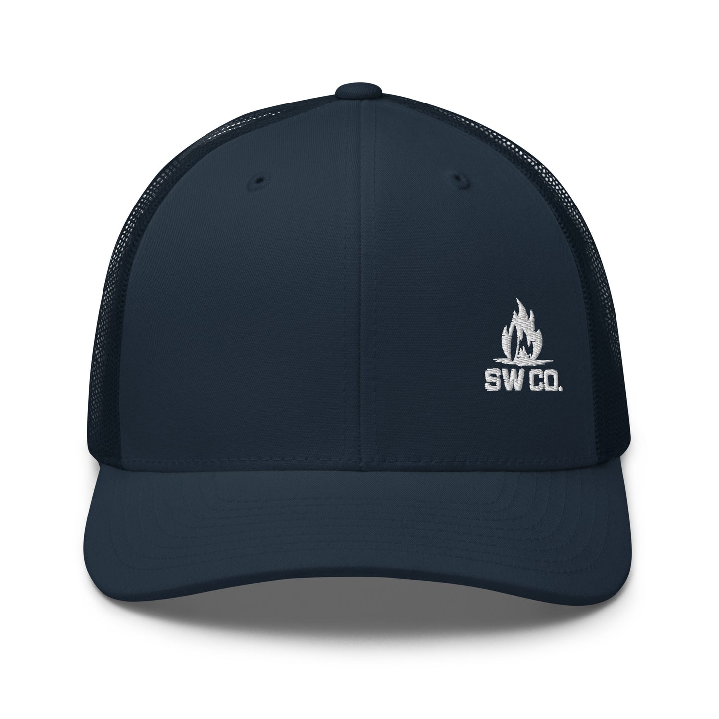 Navy retro trucker hat with white SW CO. flame logo embroidery on front
