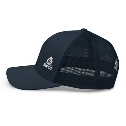 Navy blue retro trucker hat with mesh back and white SWCO flame logo embroidery