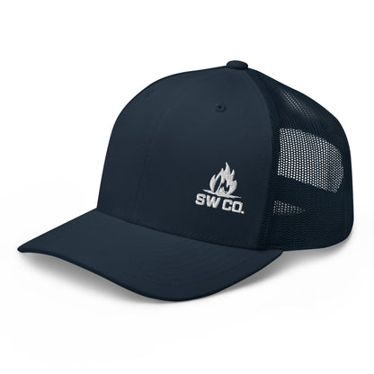 Navy retro trucker hat with mesh back and white SW CO. flame logo embroidery front left