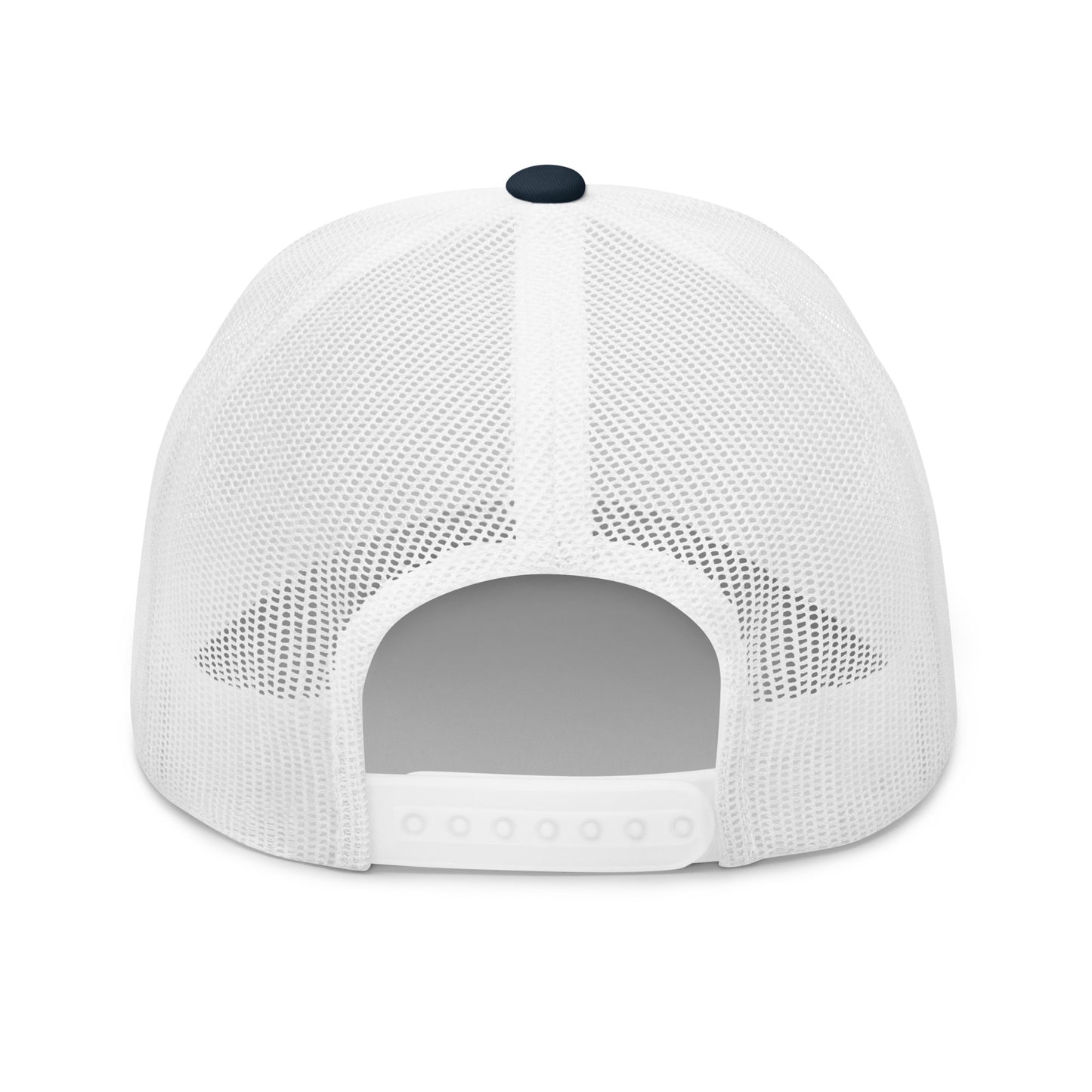 White mesh back retro trucker hat with adjustable snap closure and navy button top