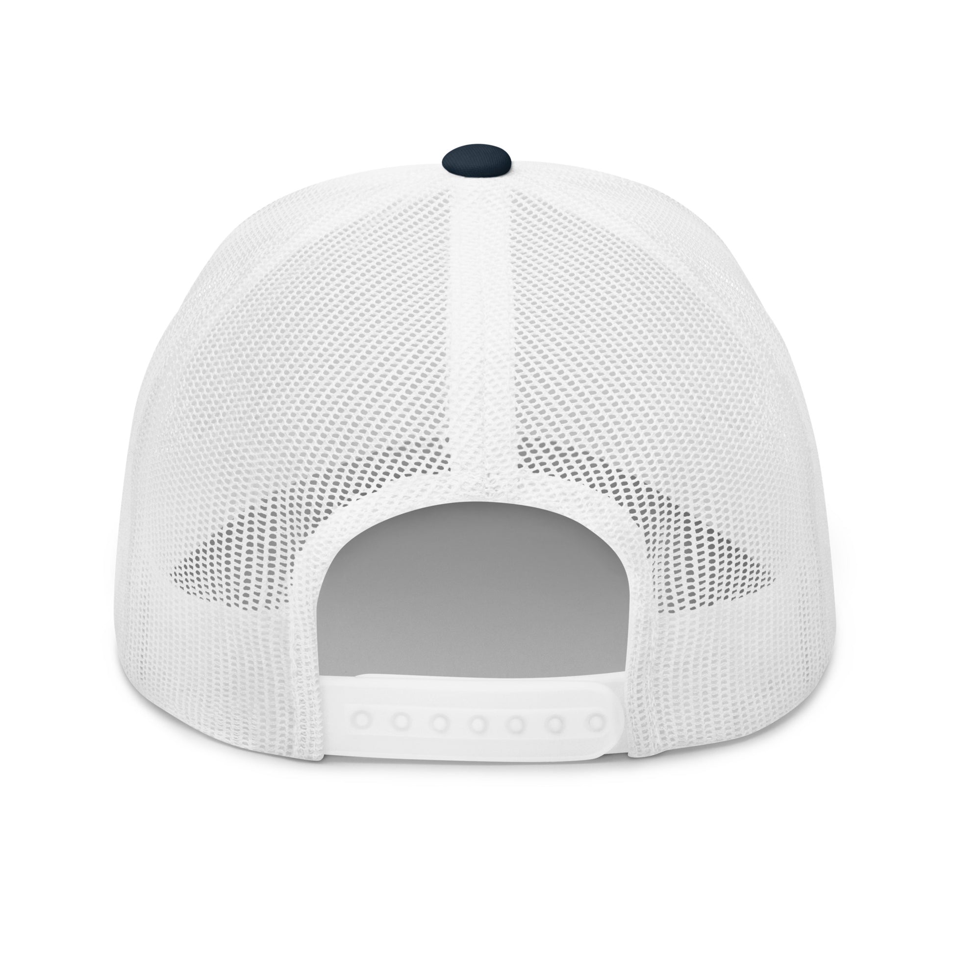 White mesh back retro trucker hat with adjustable snap closure and navy button top