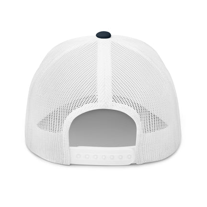 White mesh back retro trucker hat with adjustable snap closure and navy button top
