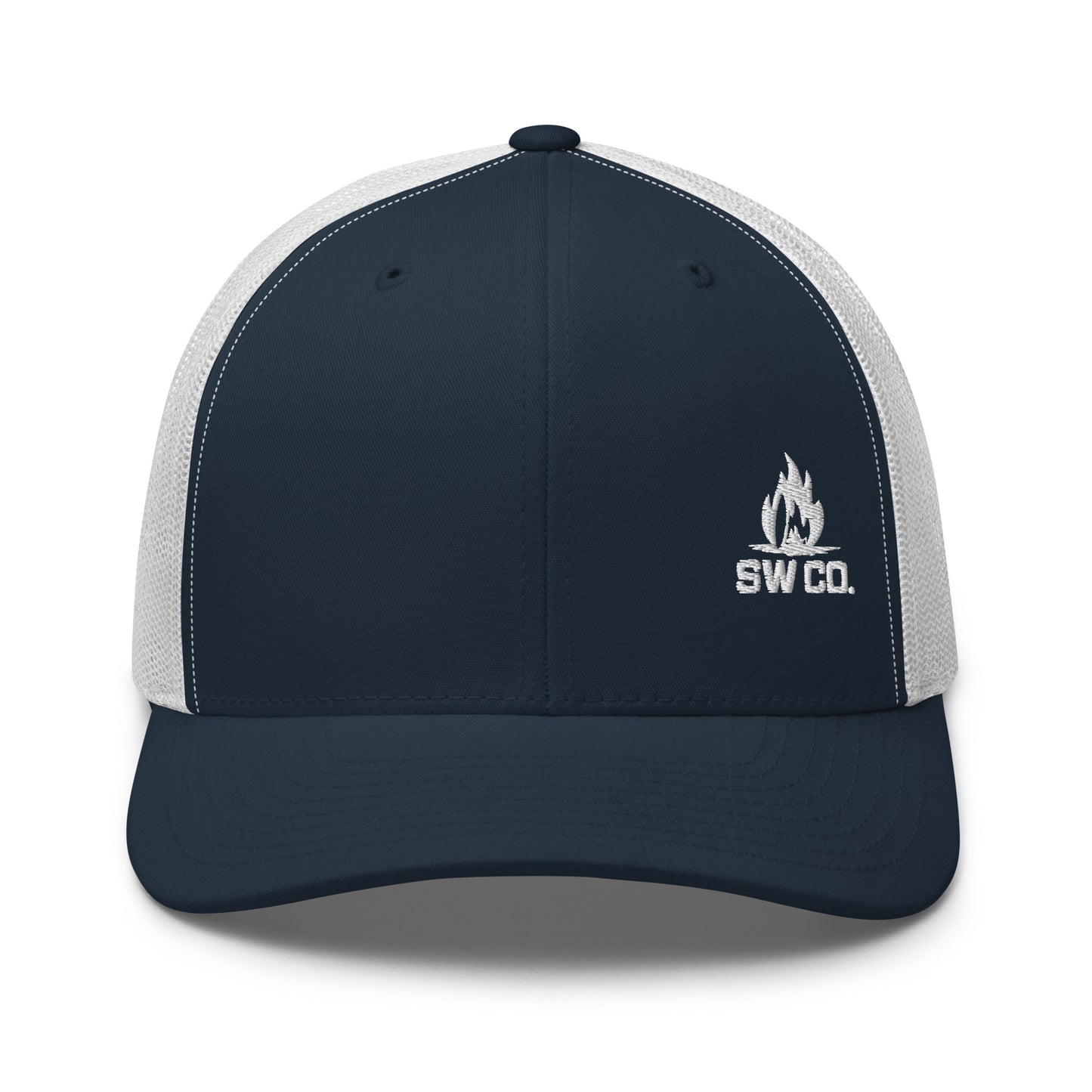 Navy and white retro mesh trucker hat with SW CO. flame logo embroidered on front