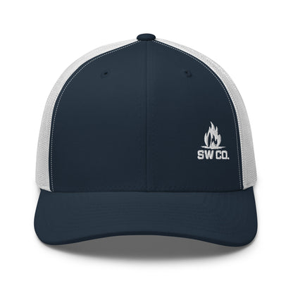 Navy and white retro mesh trucker hat with SW CO. flame logo embroidered on front