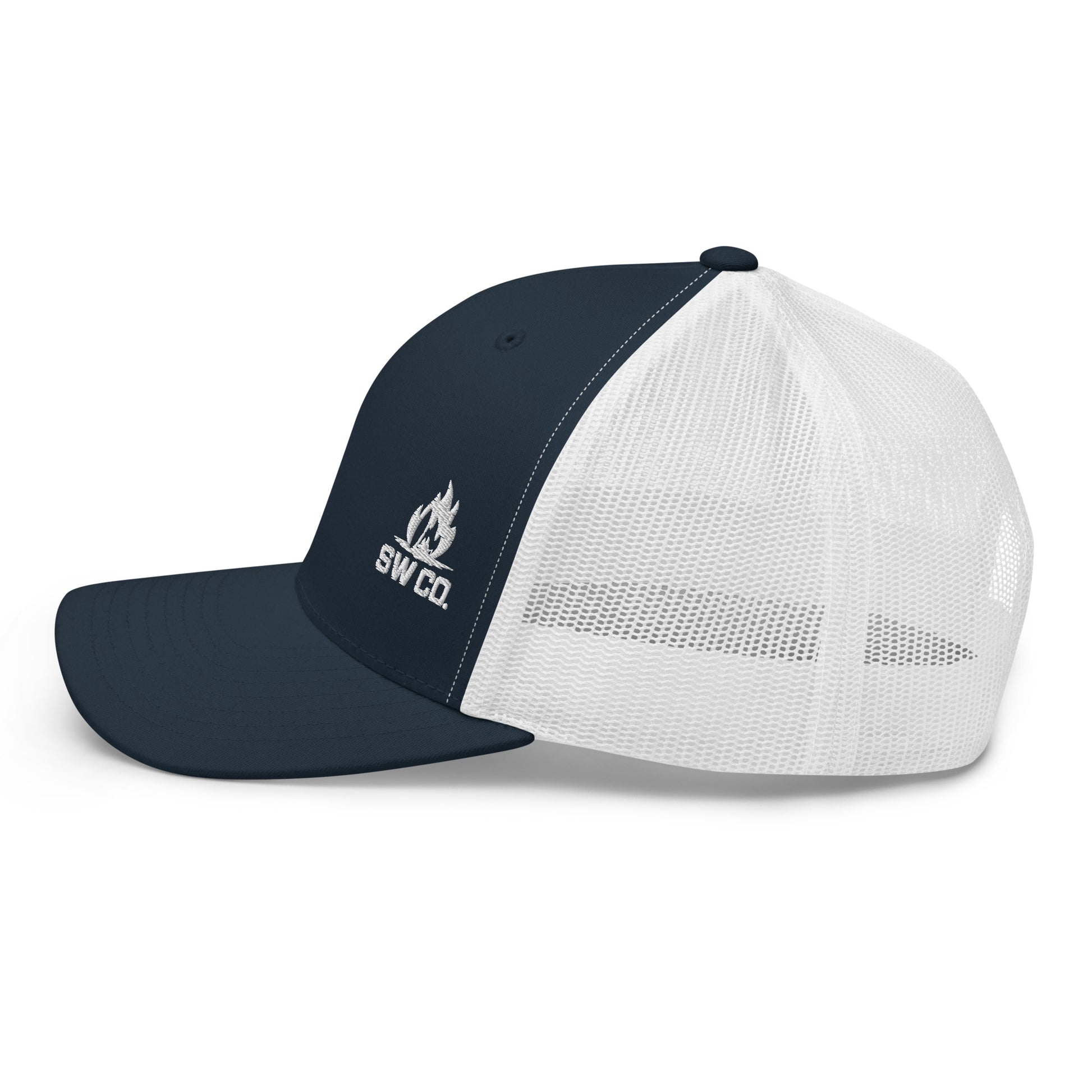 Navy and white retro trucker hat with SWCO flame logo and mesh back detail