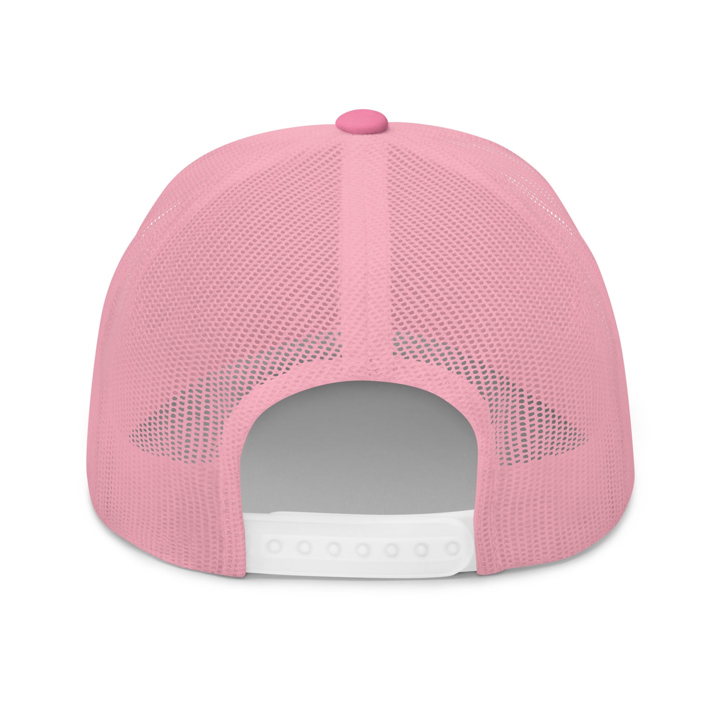 Back view of pink retro trucker hat with white adjustable snap closure and mesh design