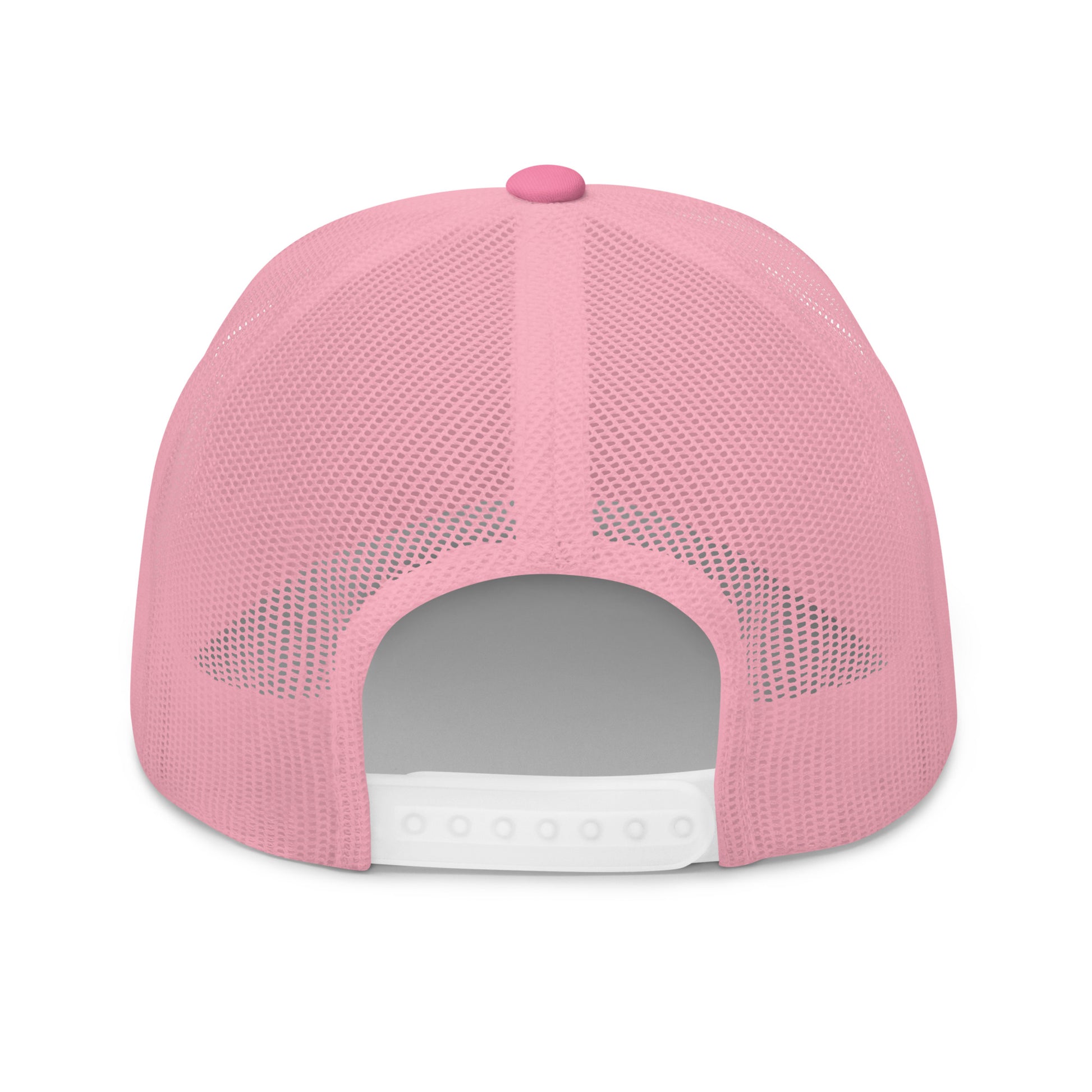 Back view of pink retro trucker hat with white adjustable snap closure and mesh design