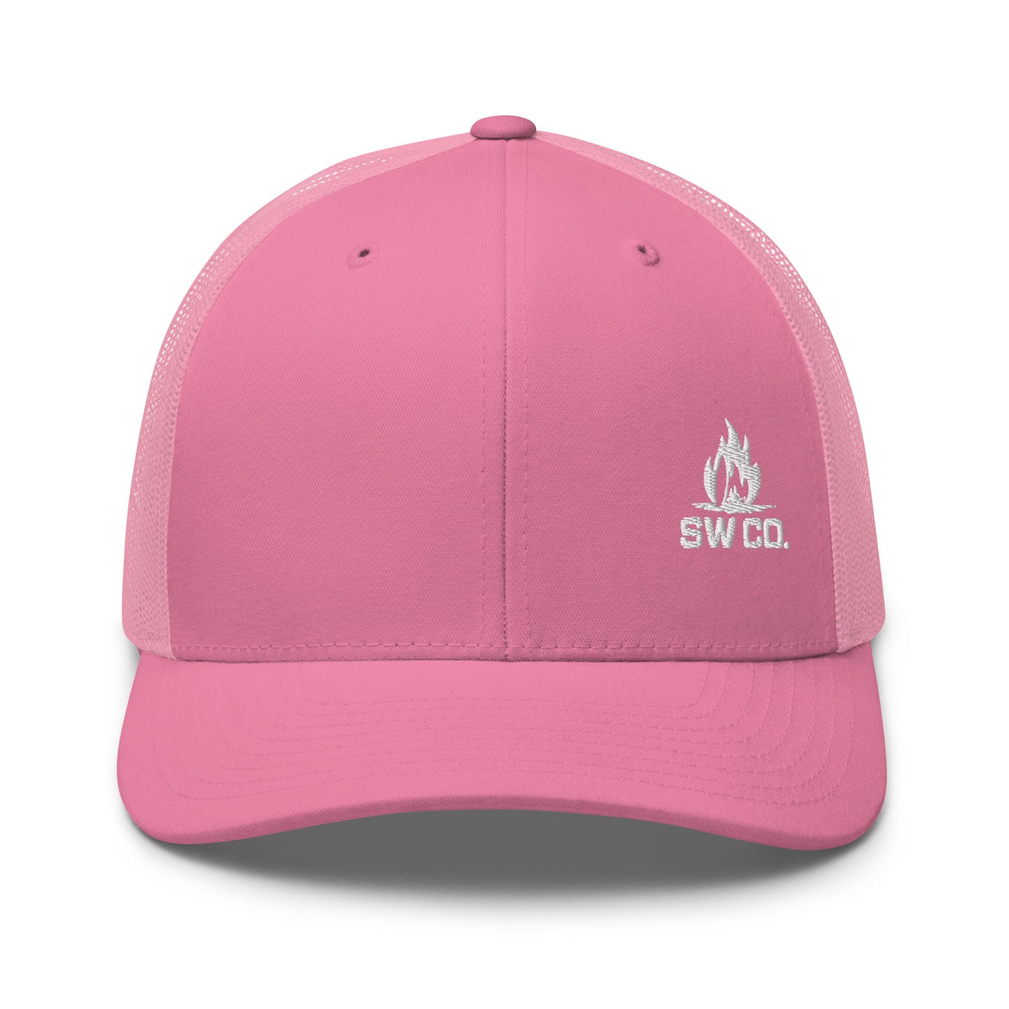 Pink retro trucker hat with white SW CO. flame logo on front