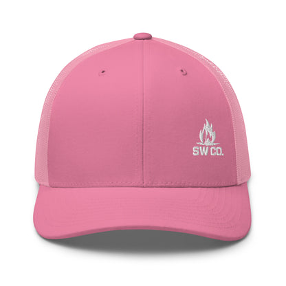 Pink retro trucker hat with white SW CO. flame logo on front