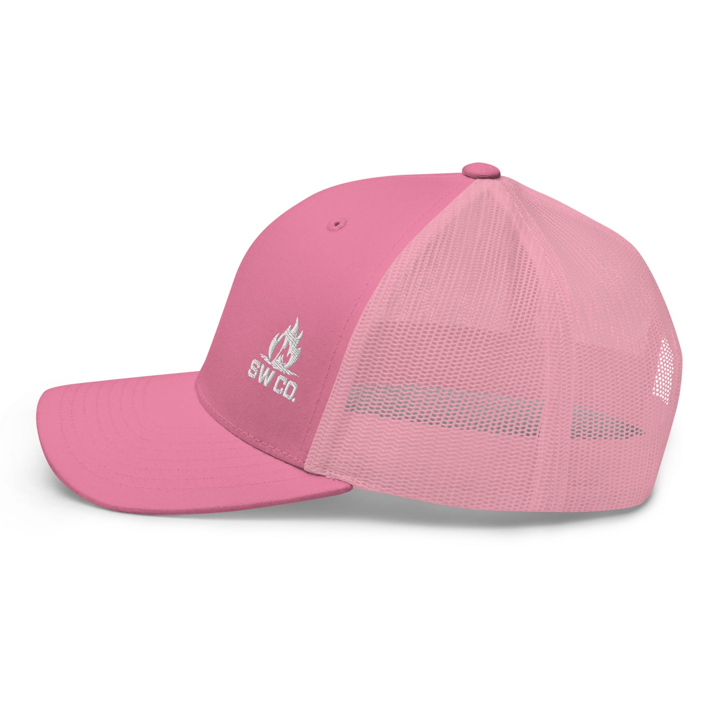 Pink retro trucker hat with mesh back and SWCO white logo embroidery