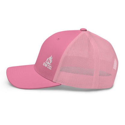 Pink retro trucker hat with mesh back and SWCO white logo embroidery