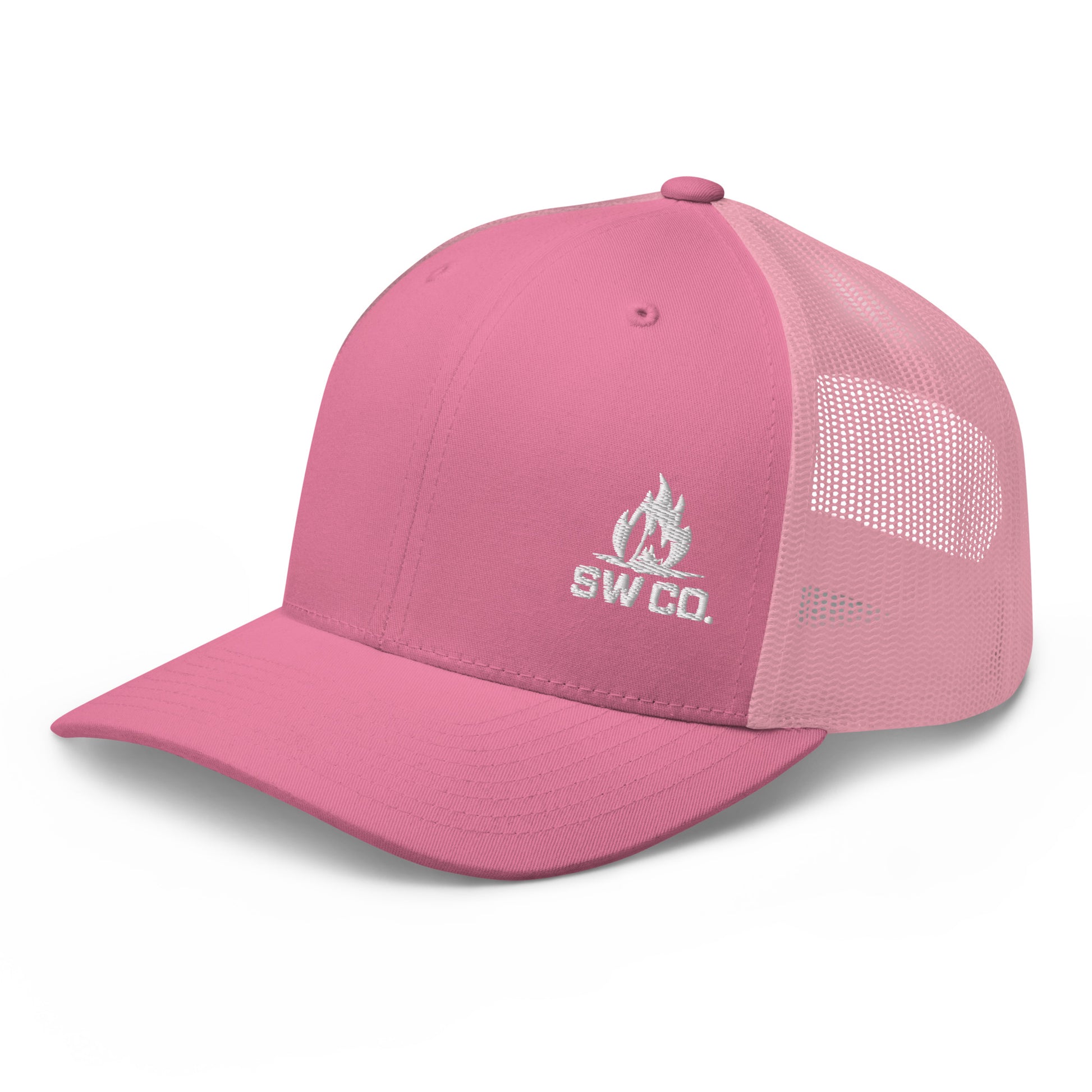 Pink retro trucker hat with mesh back and white SW CO. flame logo embroidery