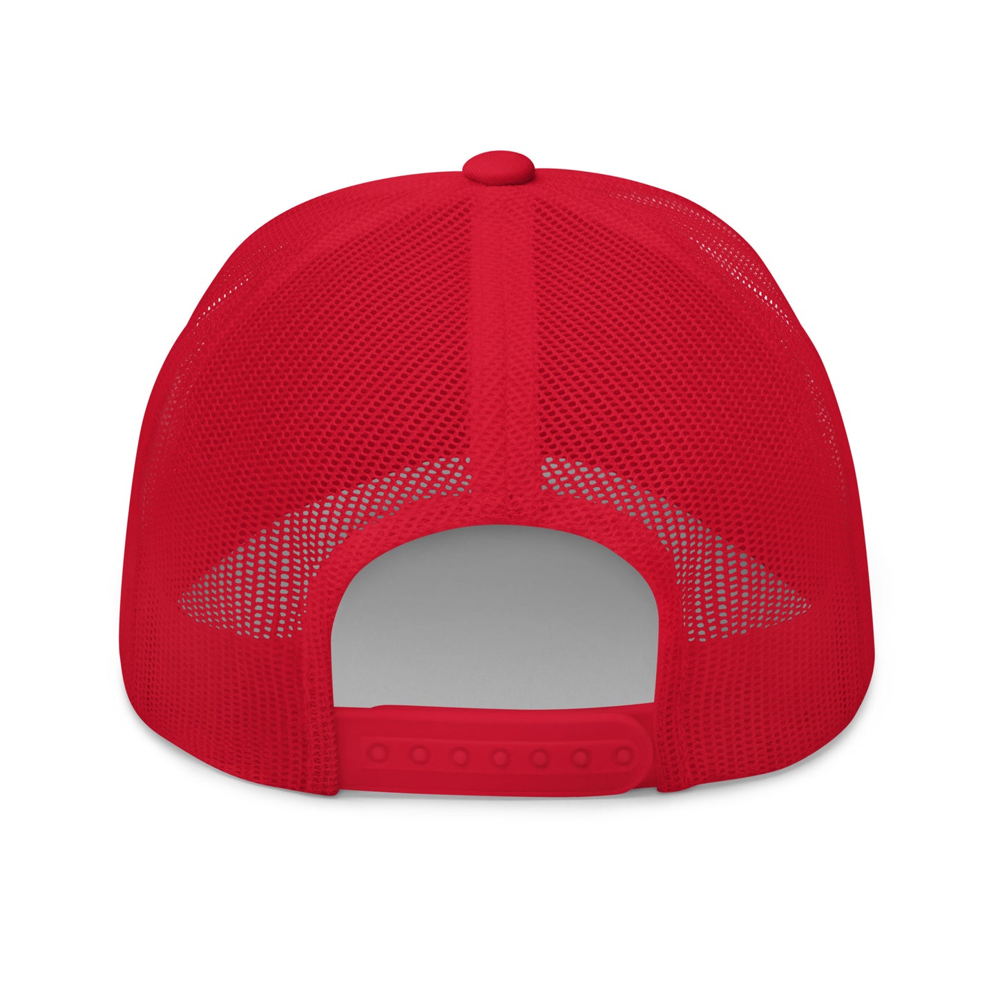 Back view of red retro trucker hat with mesh panels and adjustable snapback closure