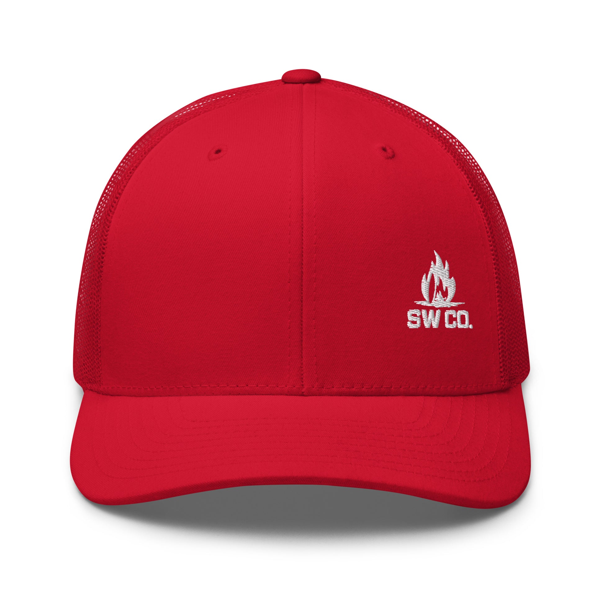 Red retro trucker hat with white SW CO. logo and flame embroidery on front