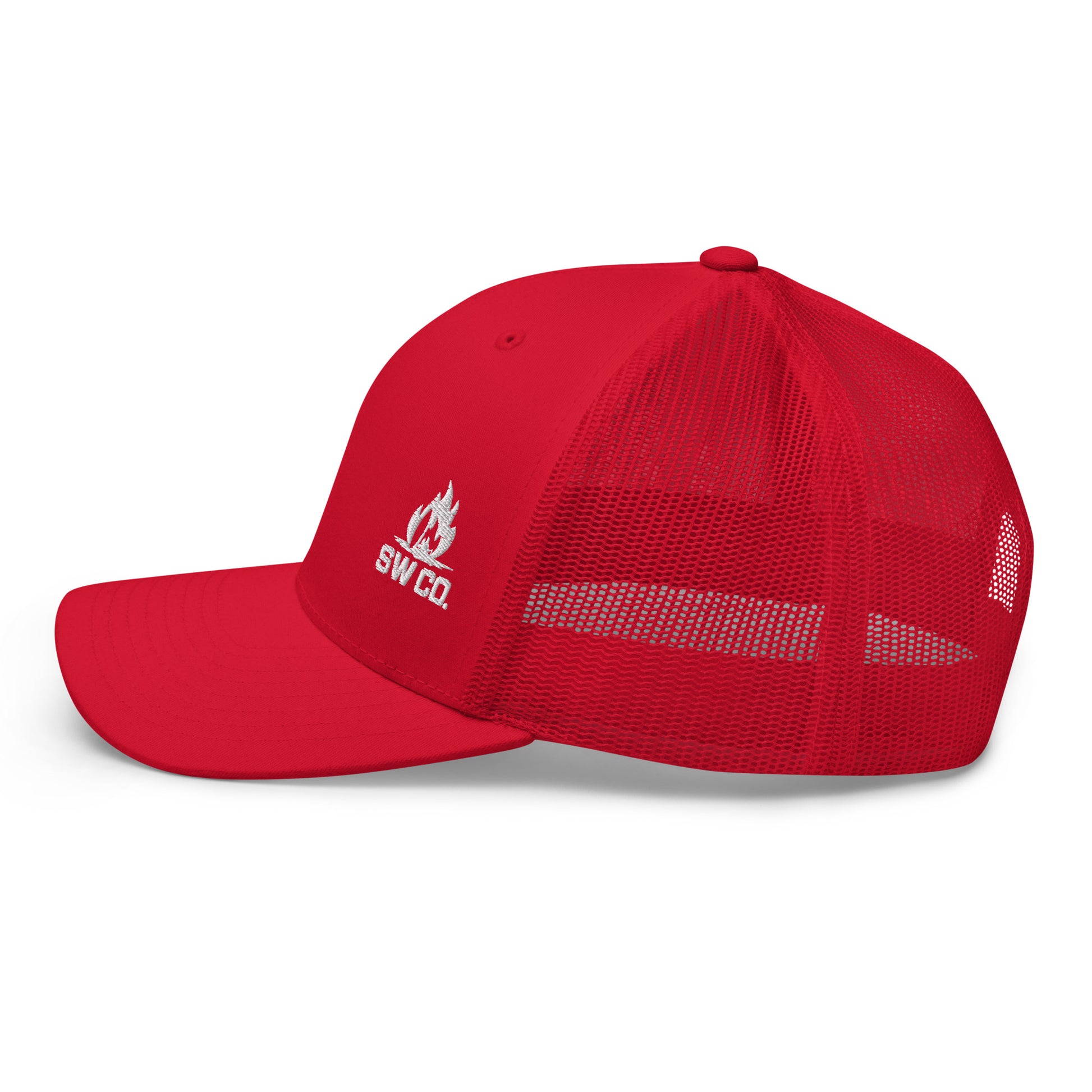 Red retro trucker hat with mesh back and white SWCO flame logo on front