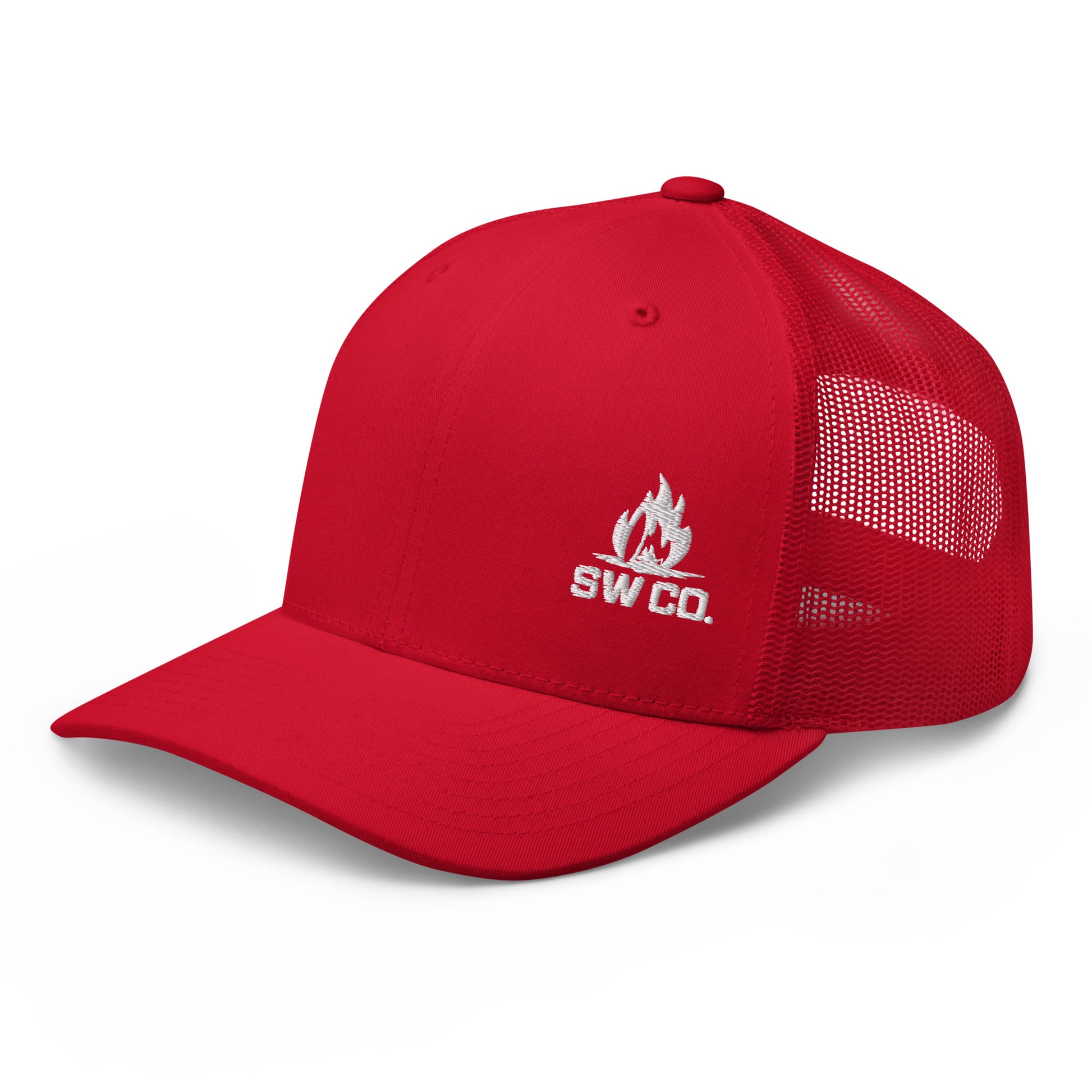 Red retro trucker hat with mesh back and white SW CO. flame logo embroidery