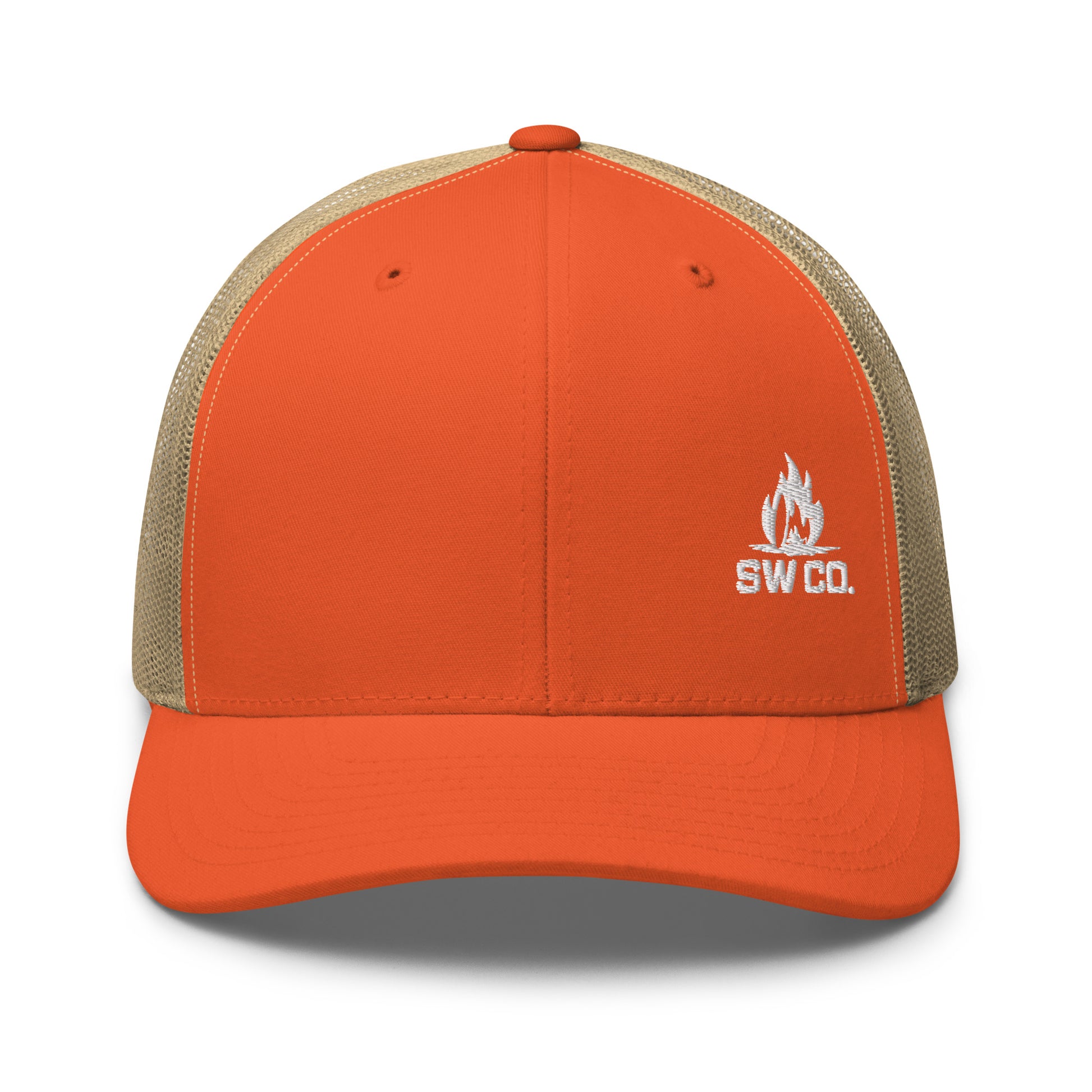 Rustic orange and khaki mesh retro trucker hat with white SW CO logo embroidered front