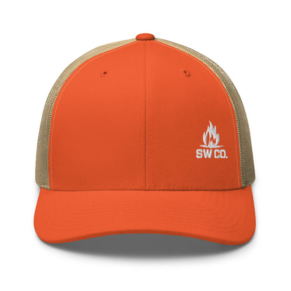 Rustic orange and khaki mesh retro trucker hat with white SW CO logo embroidered front