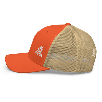 Retro trucker hat with rustic orange front and khaki mesh back, white SWCO fire logo